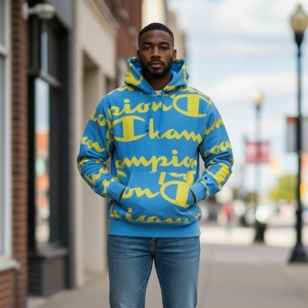 Champion Reverse Weave Hoodie Mens XL Blue Yellow All Over Script Logo Retro 90s
